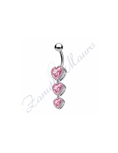 Piercing ombelico 3 cuori rosa 1.6 mm 10 in acciaio 316L