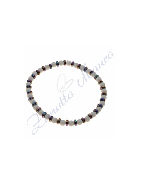 Bracciale elastico in agata bianca ed ematite rainbow cm 17