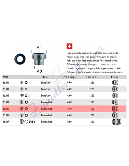 Tubo per corona a vite tipo Rolex con guarnizione 65.005