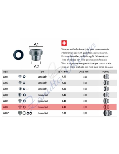 Tubo per corona a vite tipo Rolex con guarnizione 65.006