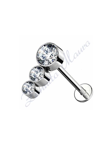 Piercing labret con 3 cristalli bianchi mm 5x8,8 in titanio