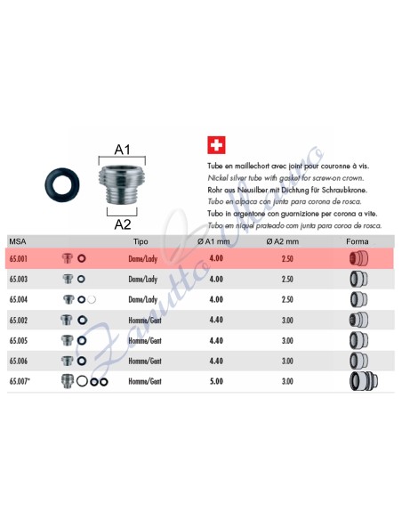 Tubo per corona a vite tipo Rolex con guarnizione 65.001