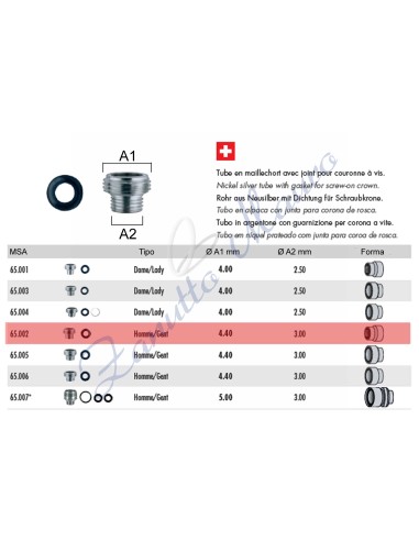 Tubo per corona a vite tipo Rolex con guarnizione 65.002