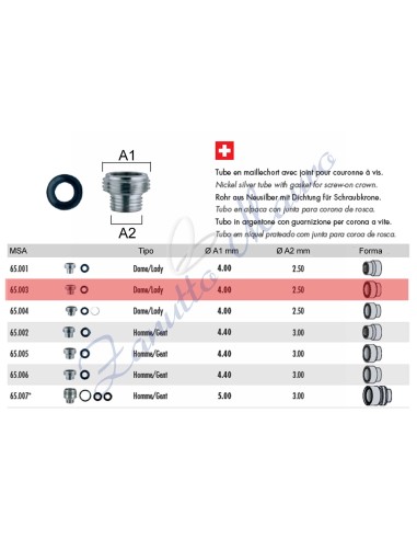 Tubo per corona a vite tipo Rolex con guarnizione 65.003