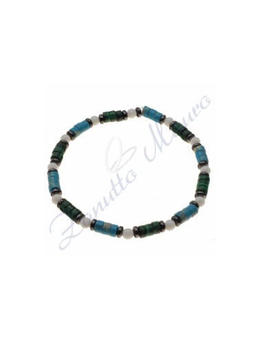 Bracciale elastico turchese,malachite ed agata bianca cm 18