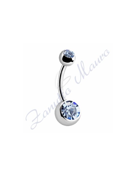 Piercing ombelico con 2 cristalli azzurri 5/8 mm  8 in acciaio 316L