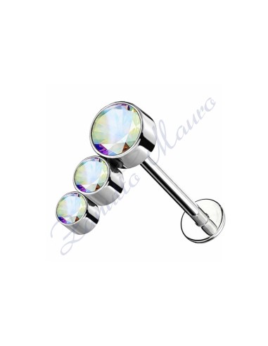 Piercing labret con 3 cristalli aurora boreale mm 5x8,8 in titanio