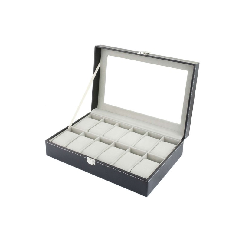 Étui à montres en simili-cuir noir avec 12 compartiments