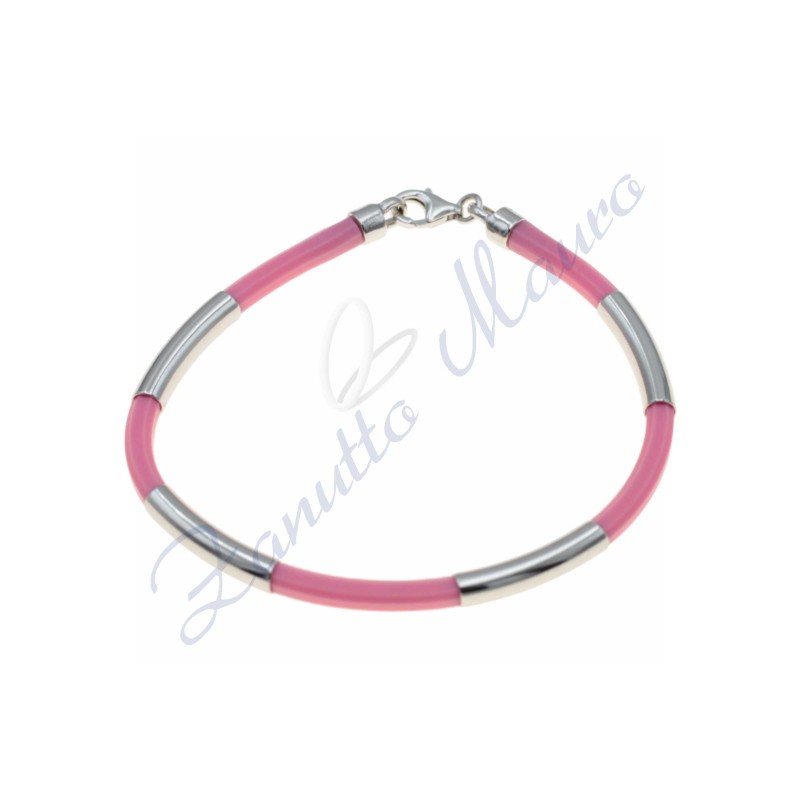 Bracelet en caoutchouc argenté et rose 20 cm