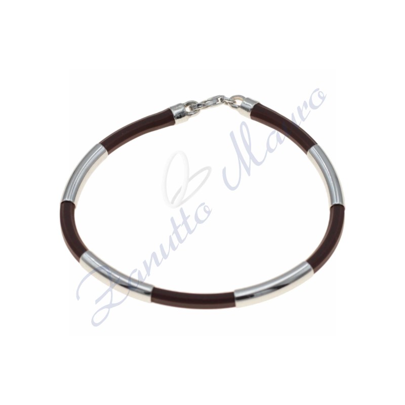 Bracelet en caoutchouc argenté et brun foncé 20 cm