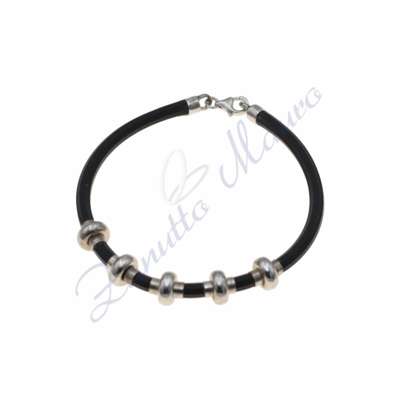 Bracelet en argent et caoutchouc noir 19 cm