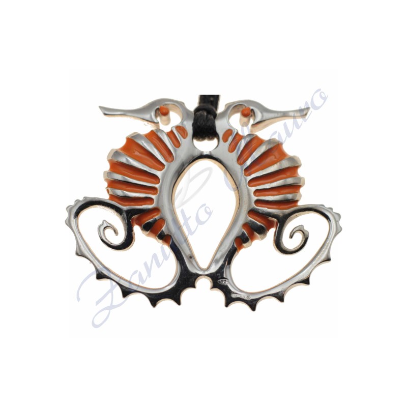 Pendentif hippocampe en argent 925/1000 et émail orange