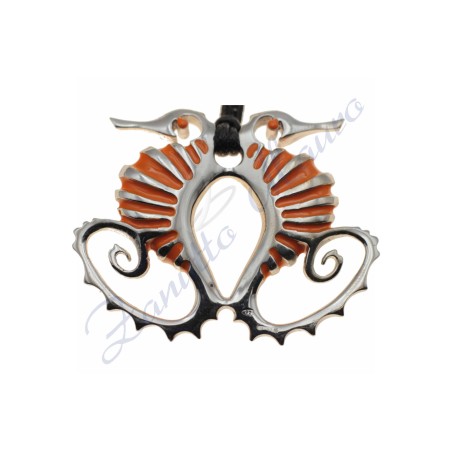 Pendentif hippocampe en argent 925/1000 et émail orange