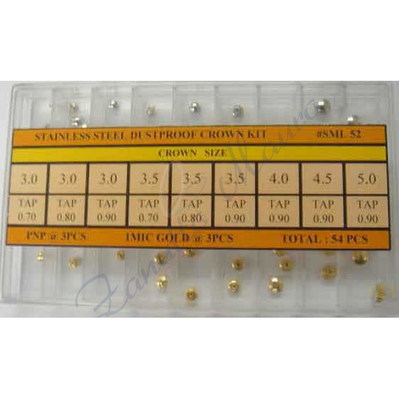 Assortiment 54 couronnes anti-poussière acier 27 chromées + 27 laminées