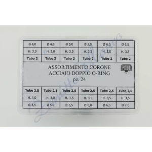 Assortiment de 24 couronnes étanches en acier inoxydable au pas de 0,90 tube 2,00 et 2,50