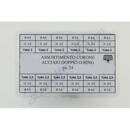 Assortiment de 24 couronnes étanches en acier inoxydable au pas de 0,90 tube 2,00 et 2,50