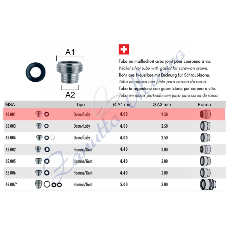 Tube couronne à vis type Rolex avec joint 65.001 - MSA 65.001