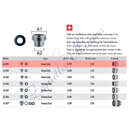 Tube couronne à vis type Rolex avec joint 65.001 - MSA 65.001