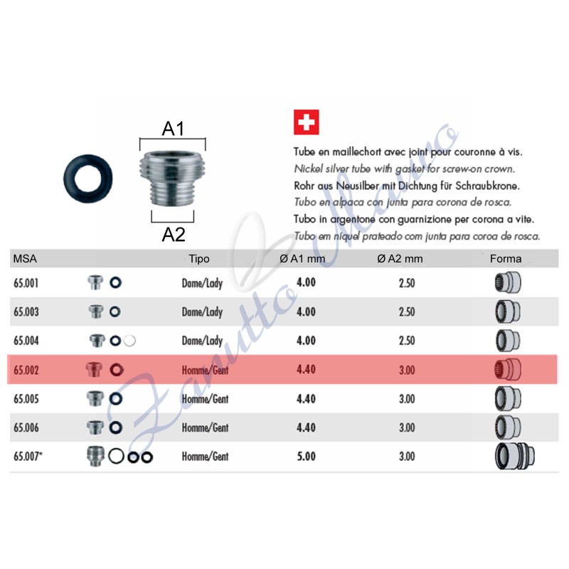Vis couronne tube type Rolex avec joint 65.002 - MSA 65.002