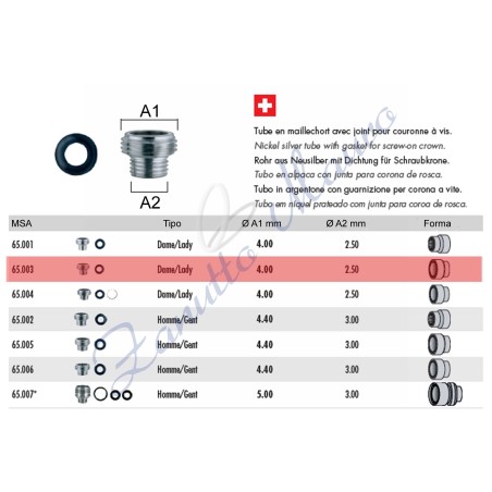 Tubo per corona a vite tipo Rolex con guarnizione 65.003 - MSA 65.003