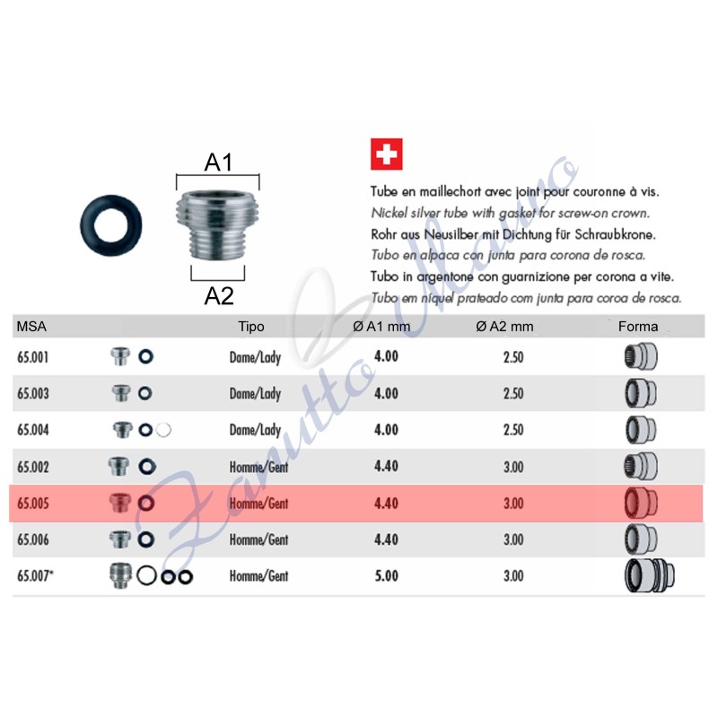 Tubo per corona a vite tipo Rolex con guarnizione 24-6020 uguale 65.005 - 24-6020