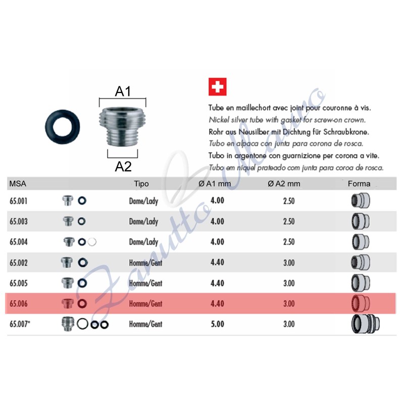 Tubo per corona a vite tipo Rolex con guarnizione 65.006 - MSA 65.006