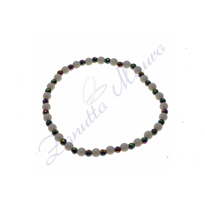 Bracciale elastico in agata bianca  ed ematite rainbow cm 18