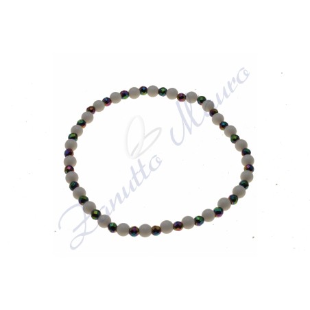 Bracciale elastico in agata bianca  ed ematite rainbow cm 18