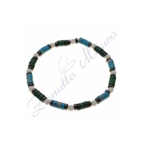 Bracciale elastico turchese,malachite ed agata bianca cm 18