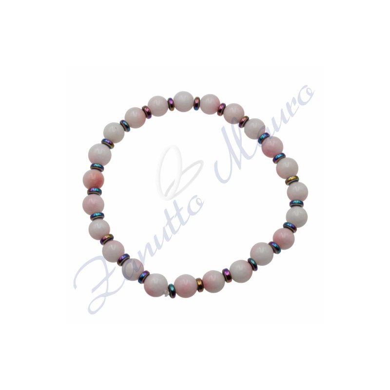 Bracciale elastico in agata rosa ed ematite rainbow cm 18