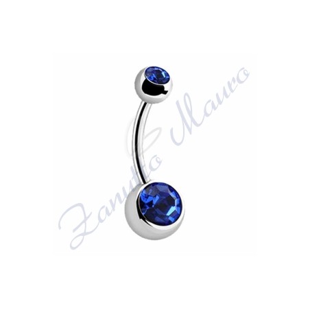 Piercing ombelico con 2 cristalli blu 5/8 mm 12 in acciaio 316L