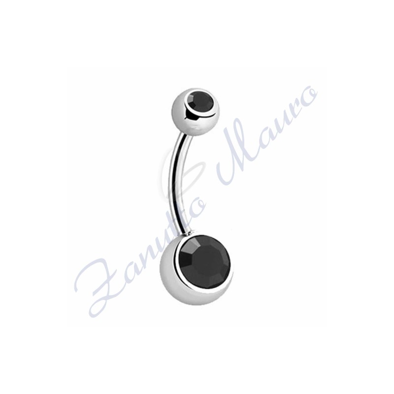Piercing ombelico con 2 cristalli neri 5/8 mm 12 in acciaio 316L