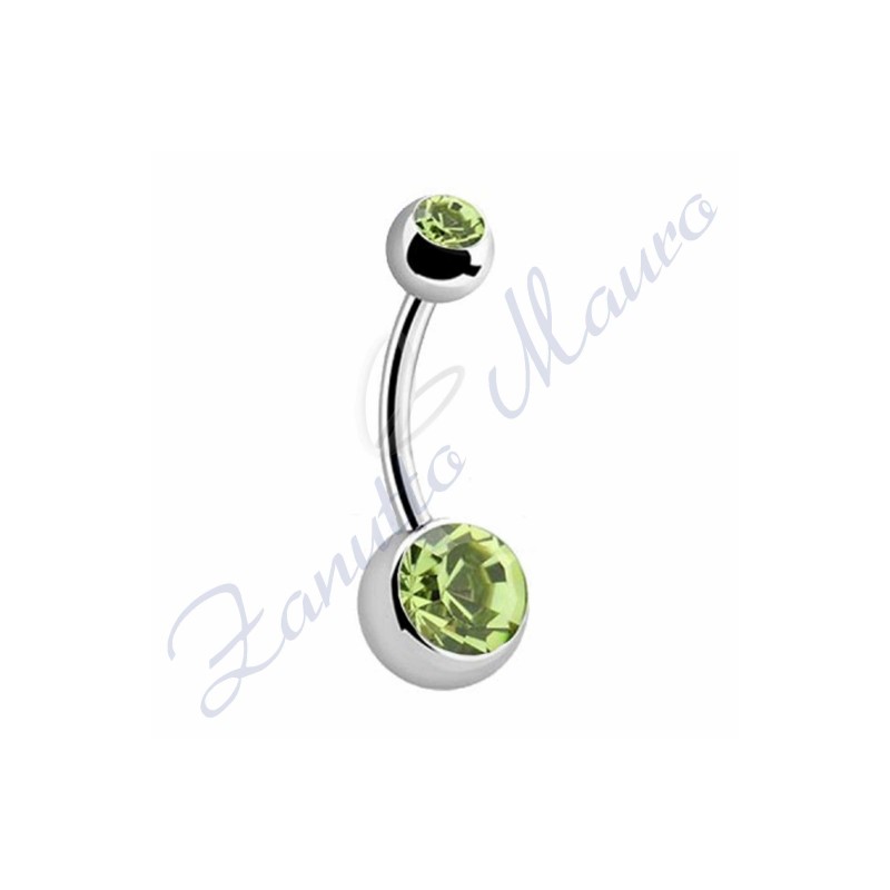 Piercing ombelico con 2 cristalli verde chiaro 5/8 mm 12 in acciaio 316L