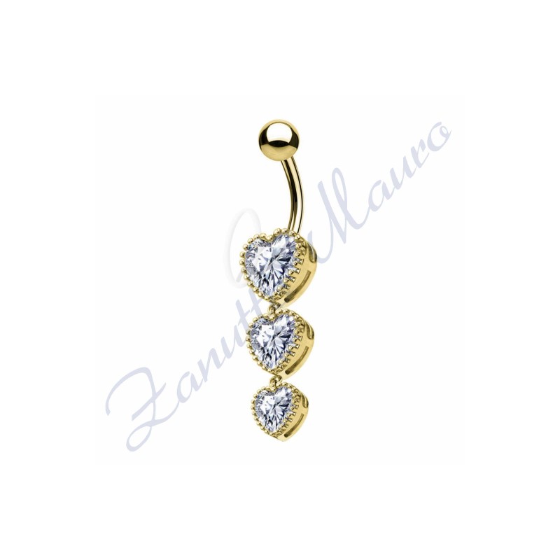 Piercing ombelico 3 cuori bianchi 1.6 mm 10 in acciaio 316L dorato