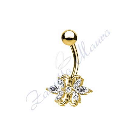 Piercing ombelico fiore bianco 1.6/13/8 mm 10 in acciaio 316L dorato