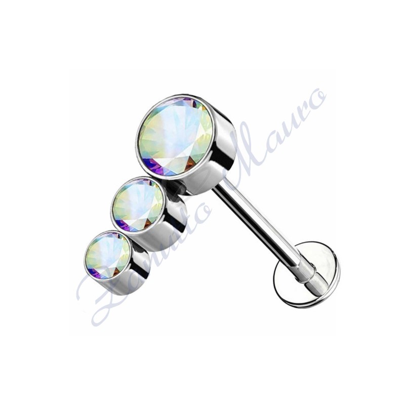 Piercing labret con 3 cristalli aurora boreale mm 5x8,8 in titanio