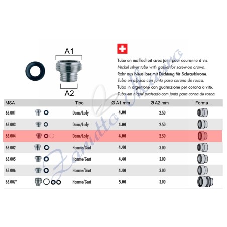 Tubo per corona a vite tipo Rolex con guarnizione 65.004 - MSA 65.004