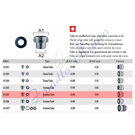 Tubo per corona a vite tipo Rolex con guarnizione 24-6020 uguale 65.005 - 24-6020