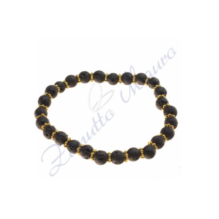 Bracciale elastico in in lava ed intercalari dorati cm 18