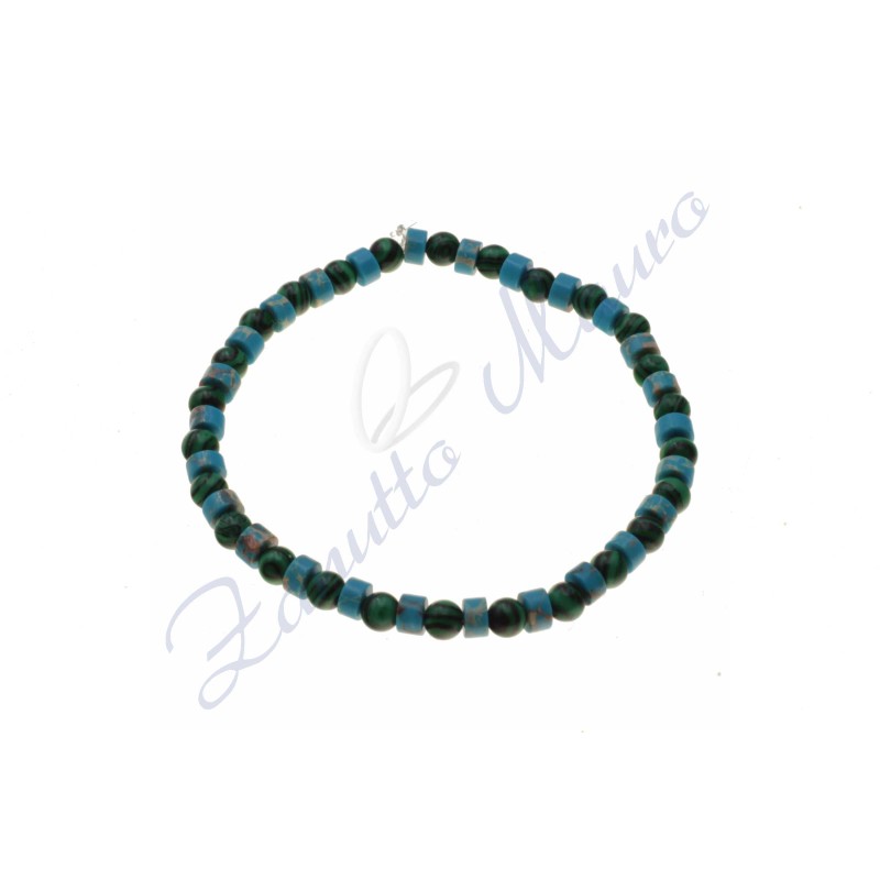 Bracciale elastico in malachite e turchese cm 17