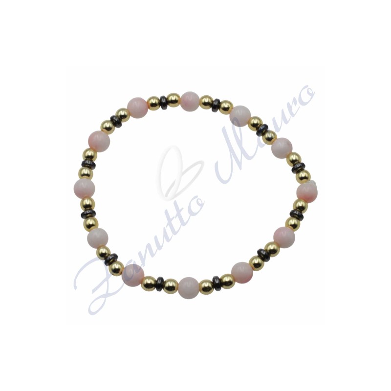 Bracciale elastico in agata rosa ed ematite cm 19