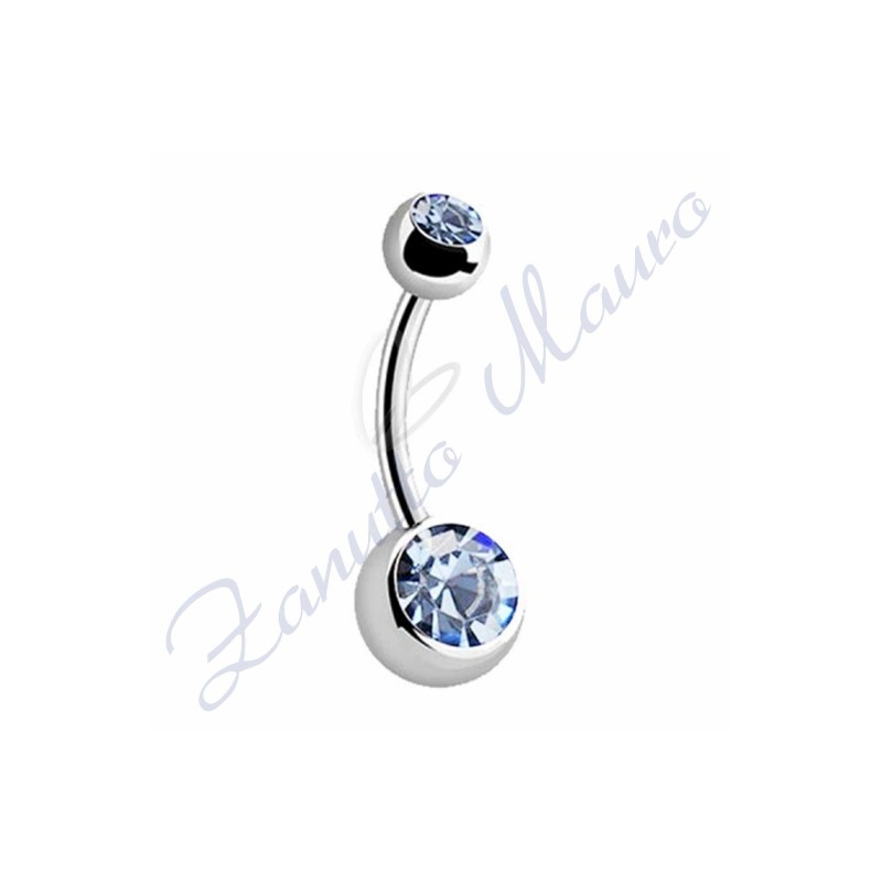Piercing ombelico con 2 cristalli azzurri 5/8 mm 10 in acciaio 316L