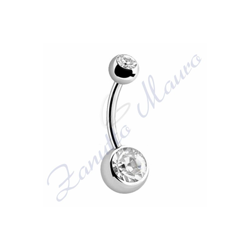 Piercing ombelico con 2 cristalli bianchi 5/8 mm 10 in acciaio 316L