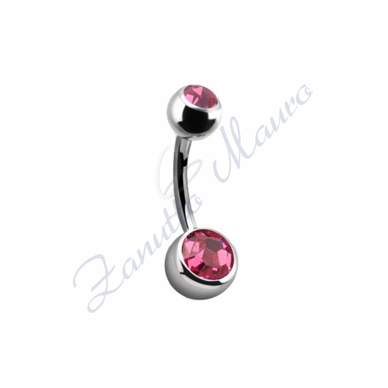 Piercing ombelico con 2 cristalli rosa 5/8 mm 12 in acciaio 316L