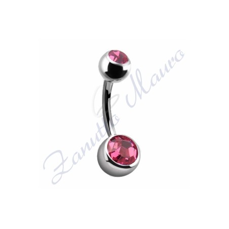 Piercing ombelico con 2 cristalli rosa 5/8 mm 12 in acciaio 316L