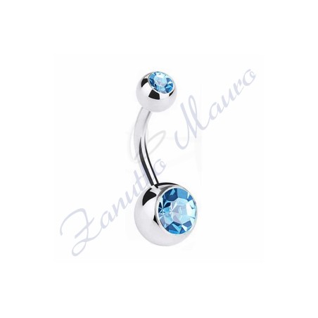 Piercing ombelico con 2 cristalli azzurri 5/8 mm 12 in acciaio 316L
