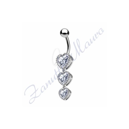 Piercing ombelico 3 cuori bianchi 1.6 mm 10 in acciaio 316L