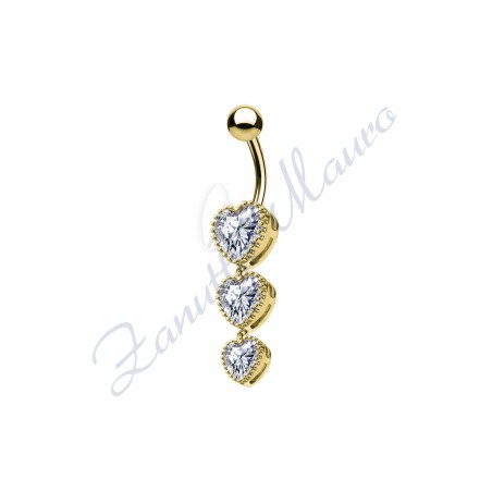Piercing ombelico 3 cuori bianchi 1.6 mm 10 in acciaio 316L dorato