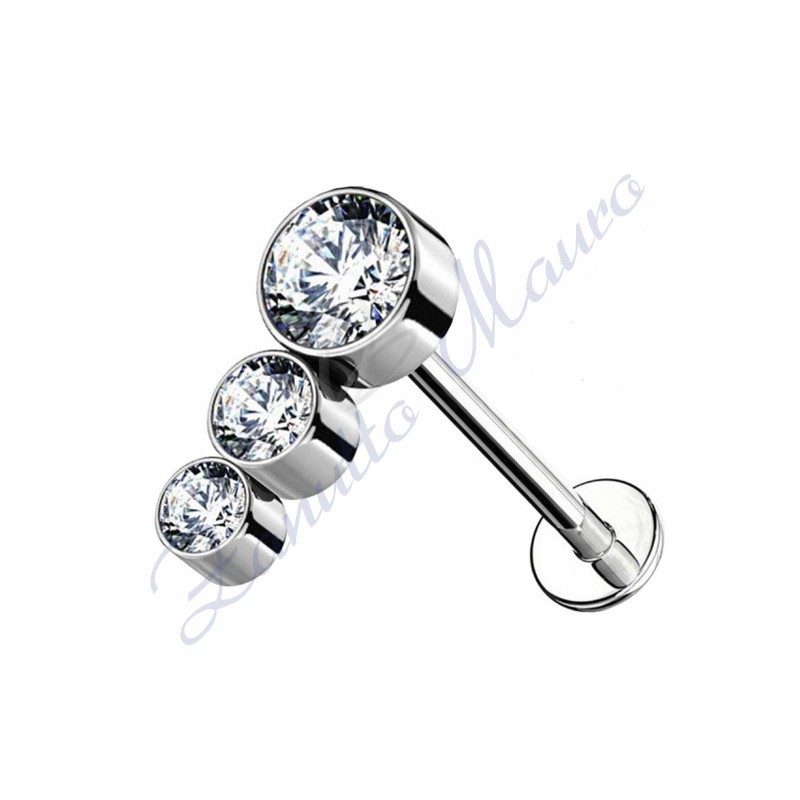 Piercing labret con 3 cristalli bianchi mm 5x8,8 in titanio
