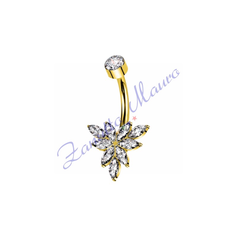 Piercing ombelico fiore bianco 1.6x10x5 mm 10 in acciaio 316L dorato